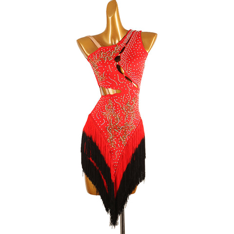 Red Black One Shoulder Latin Competition Dresses for Women Girls Slant Neck Diamond Bling Gradual Change Fringed Latin Salsa Chacha Dance Costume - Moderndancedress.com