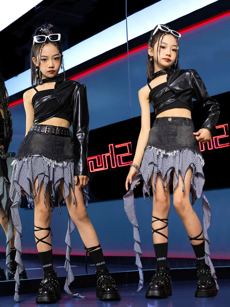 Girls Jazz Dance Costume Kids Street  Hip Hop Rappers Singers Party Show Carnival Dance Catwalk Trendy Clothing Irregualr Skirt One Shoulder Top - Moderndancedress.com
