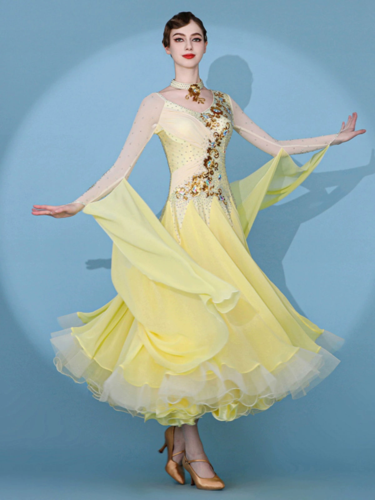 Custom size yellow competition ballroom dance dresses for women girls kids gemstones senior waltz tango foxtrot smooth dance gown - Moderndancedress.com