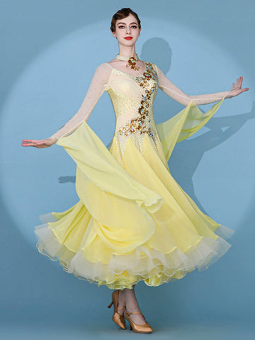 Custom size yellow competition ballroom dance dresses for women girls kids gemstones senior waltz tango foxtrot smooth dance gown - Moderndancedress.com