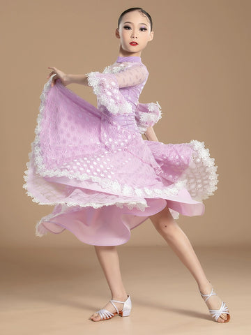 Purple lace Modern Ballroom dance dresses for girls kids children Waltz ballroom tango Practice Clothes Training Dance Skirts for girl - Moderndancedress.com