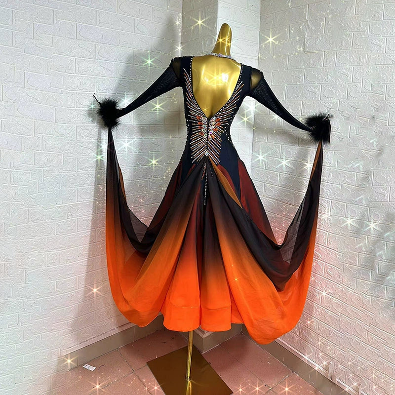 Custom Size Orange Competition Ballroom Dance Dresses for Women Diamond Waltz Tango Rhythm Performance Long Gown