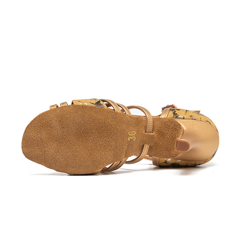 Women Latin Dance Shoes Gold Custom Heeled  Soft Soles Salsa Chacha Dancing Sandal