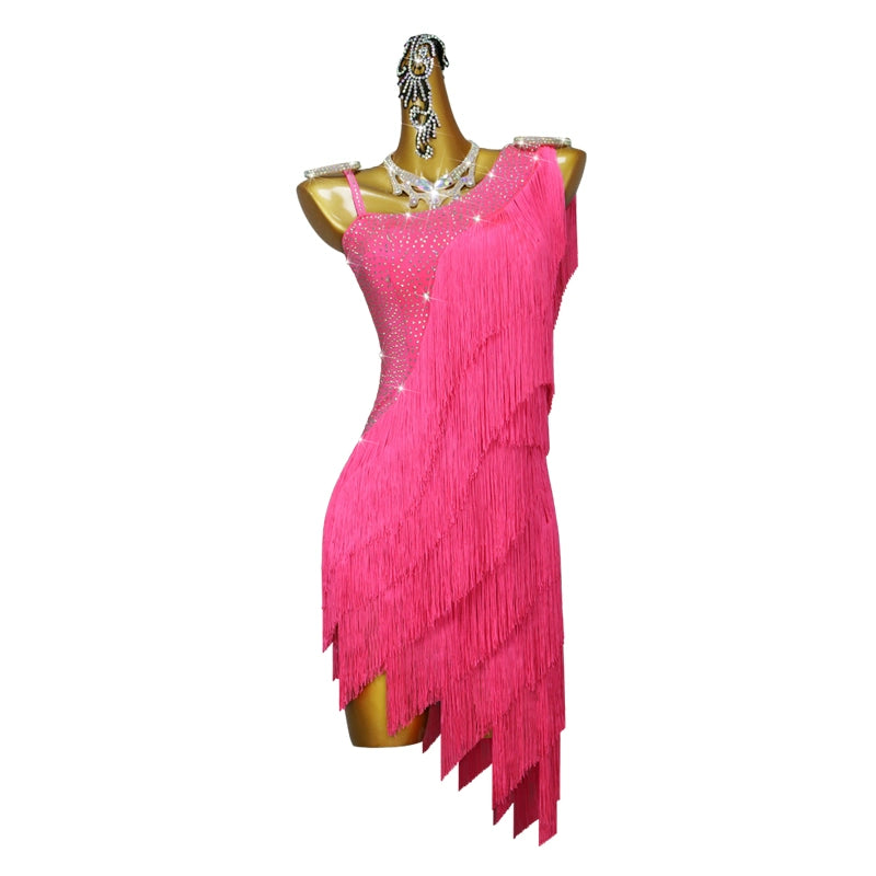 Professional fuchsia gemstones competition Latin Dance dresses for women girls slant neck Contest Show Flower solo Dance Tassel costumes - Moderndancedress.com