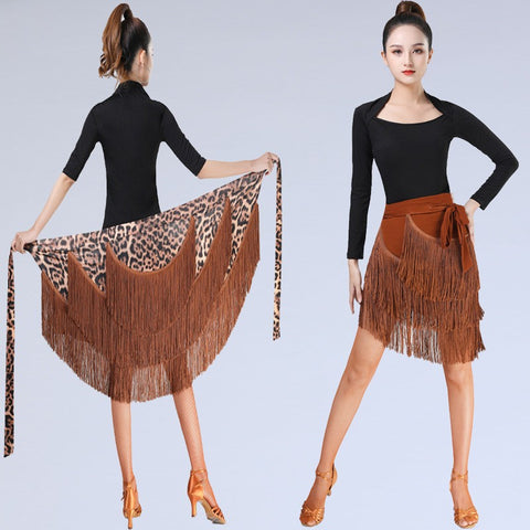 zebra brown fringe Latin dance skirt Tassel hip scarf practice clothes performance costume Adult salsa rumba ballroom dance wrap skirt - Moderndancedress.com