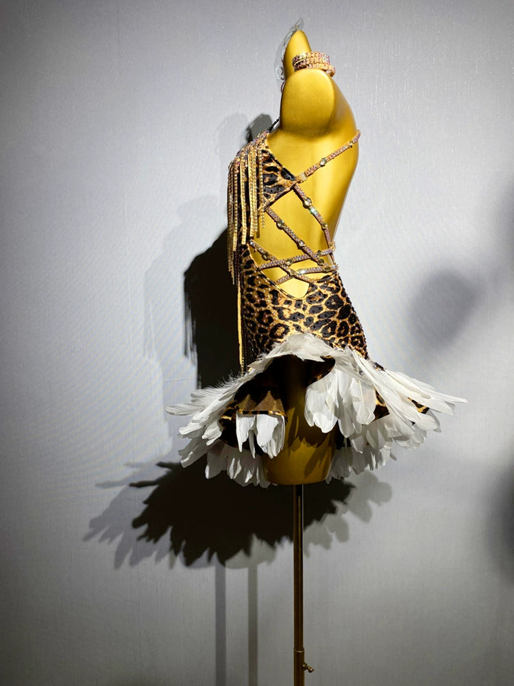 Custom Size Leopard Feather Competition Latin Dance Dresses Salsa Rumba Chacha Performance Costumes