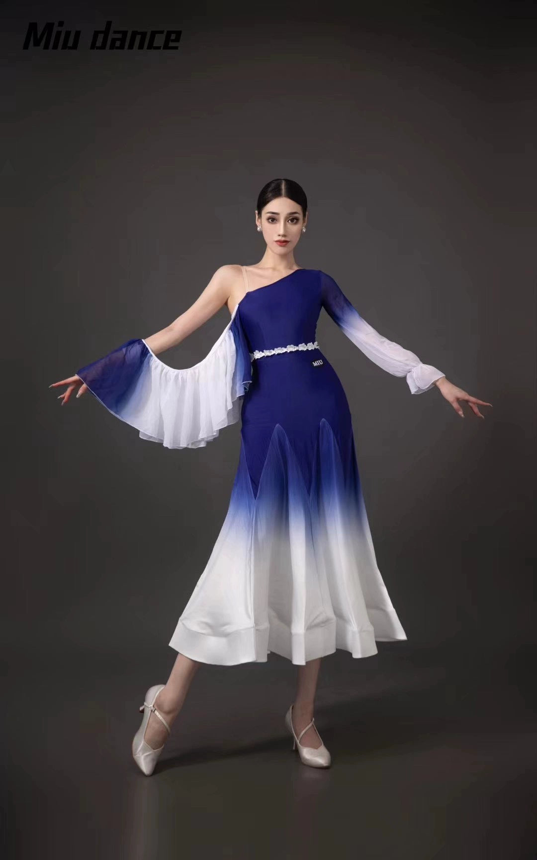 Blue Gradient modern Ballroom dance dresses for women girls one shoulder slant neck tango waltz foxtrot smooth dance fishbone skirt with belt - Moderndancedress.com