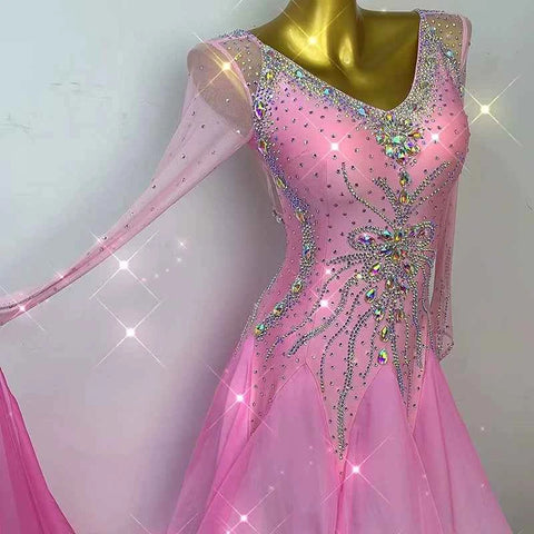 Customized Size Pink Competition Ballroom Dance Dresses for Women Girls Diamond Bling Waltz Tango Foxtrot Dance Long Gown