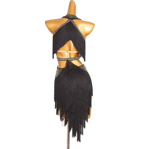 Latin Dance Competition Dresses for Women Girls Navy Yellow Blue Red Purple Dark Green Diamond Haler Neck Latin Salsa Rumba Chacha Dance Costumes - Moderndancedress.com