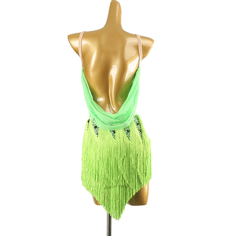 Girls women green fringe Latin dance competition regulation dress gradient gemstones rumba chacha salsa dance costumes - Moderndancedress.com