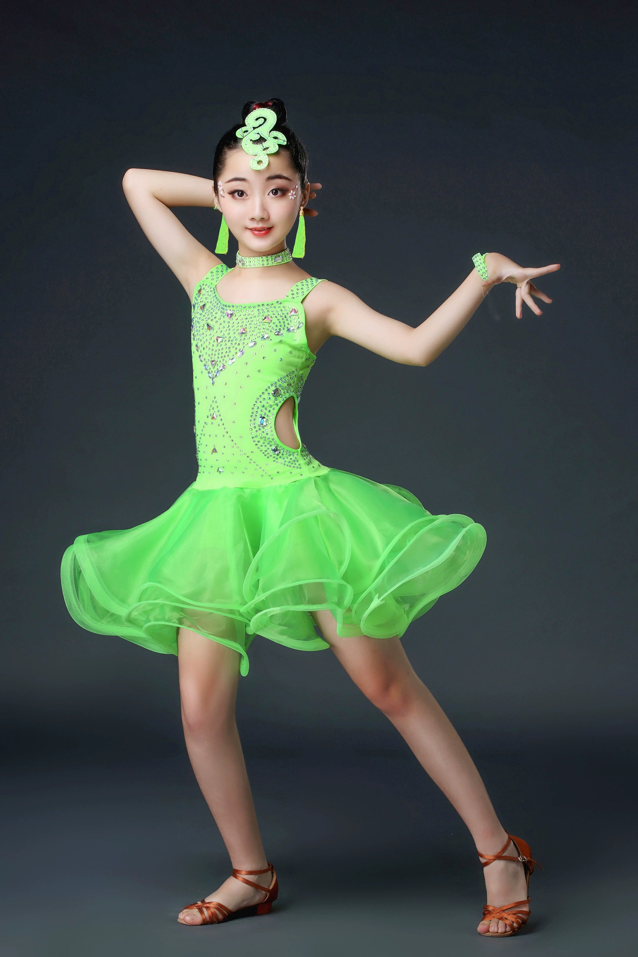 Competition Latin Dance Dresses for Kids Girls Orange White Red Neon Green Rhinestones Competition Grade Salsa Chacha Party Performance Outfits for Kids - Moderndancedress.com