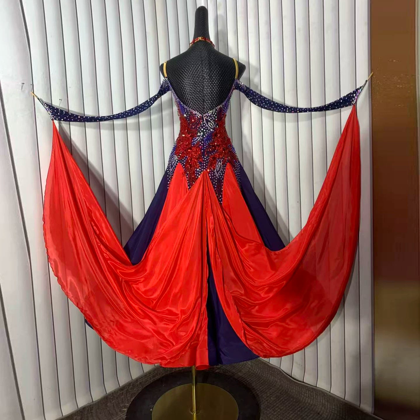 Custom Size Navy with Red Competition Ballroom Dance Dress Waltz Tango Foxtrot Rhythm Dancing Gown