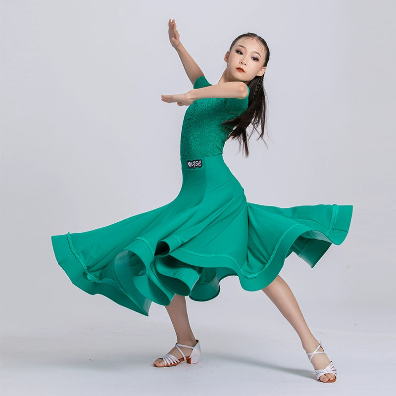 Green Lace Ballroom Dance Dresses for Kids Girls Competition Waltz Tango National Standard Dance Skirts Party Ball Gown Praise Dress for Children - Moderndancedress.com