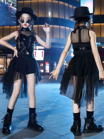 Children's Trendy Jazz Dance Tuxedo Costumes Girls Black Leather Modern Dance Gogo Dancers Model Show Catwalk Performance Clothes - Moderndancedress.com