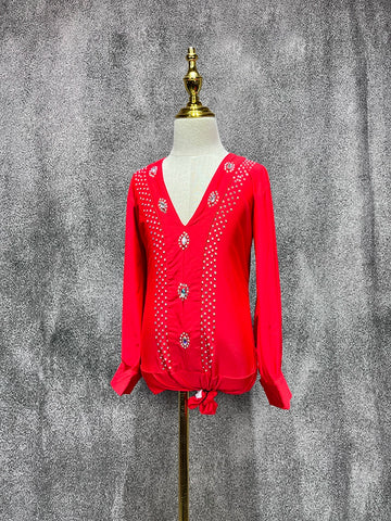 Red Rhinestones Latin Dance Shirts for Boys Kids Salsa Ballroom Waltz Latin Stage Performance Body Tops Long Sleeves - Moderndancedress.com