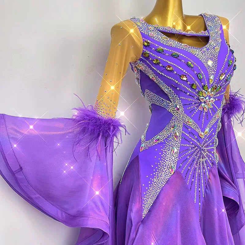 Customized Violet Gemstones Competition Ballroom Dance Dress for Women Waltz Tango Foxtrot Dancing Gown