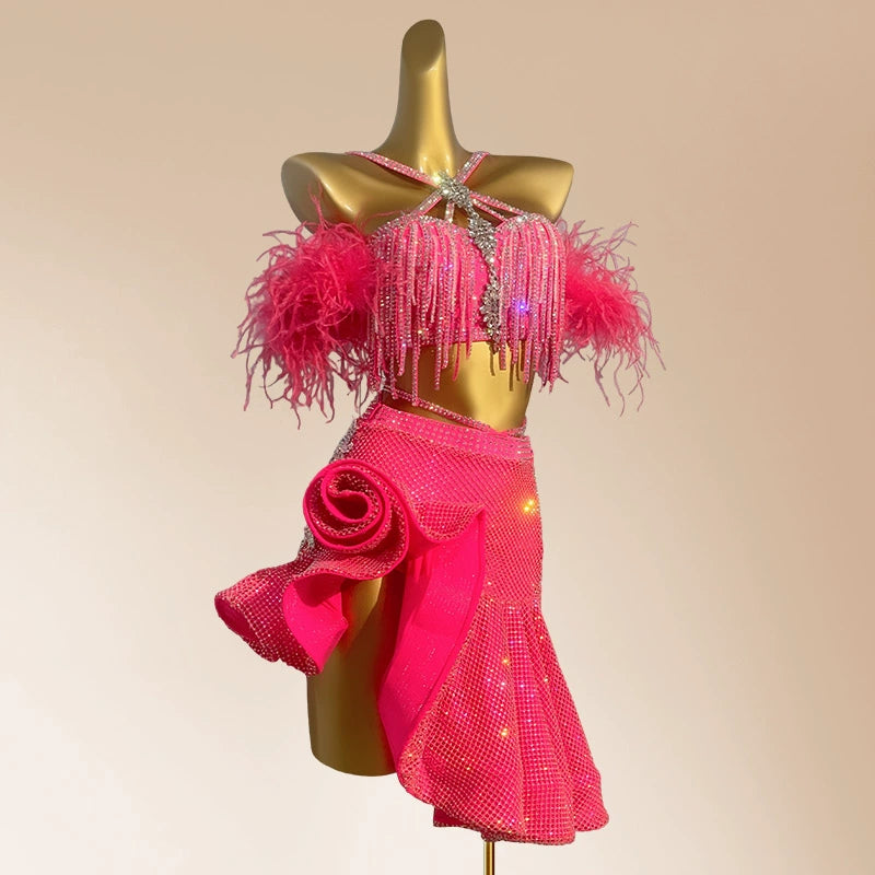 Custom Size Competition Latin Dance Dresses for Women Girls Blue Pink Feather Salsa Rumba Blackpool Dance Costumes - Moderndancedress.com