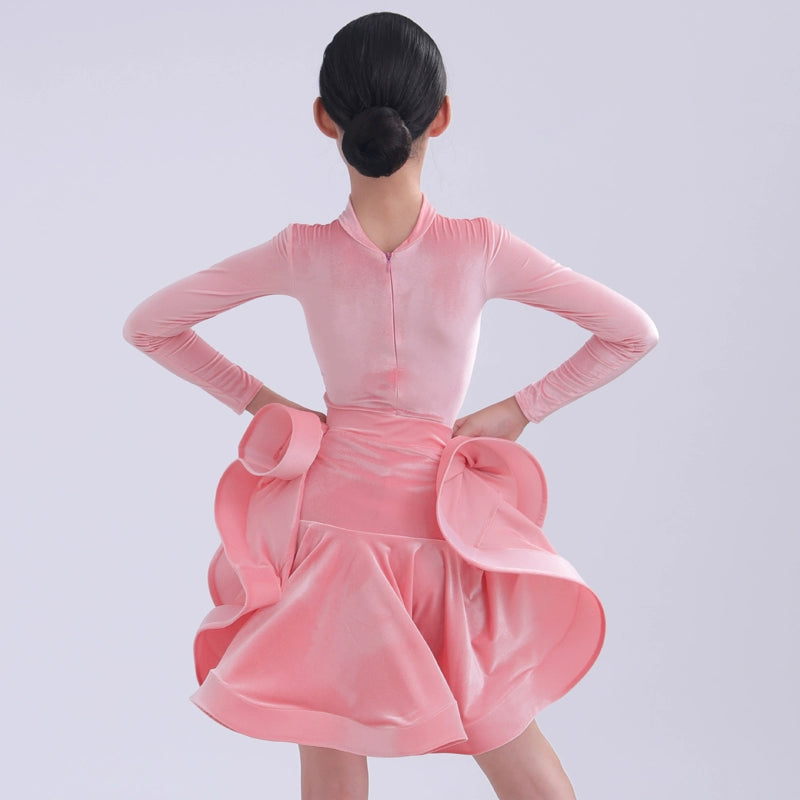 Girls kids competition ballroom latin dance dresses pink Ultra-thin velvet modern dance costume professional standard dance outfits - Moderndancedress.com