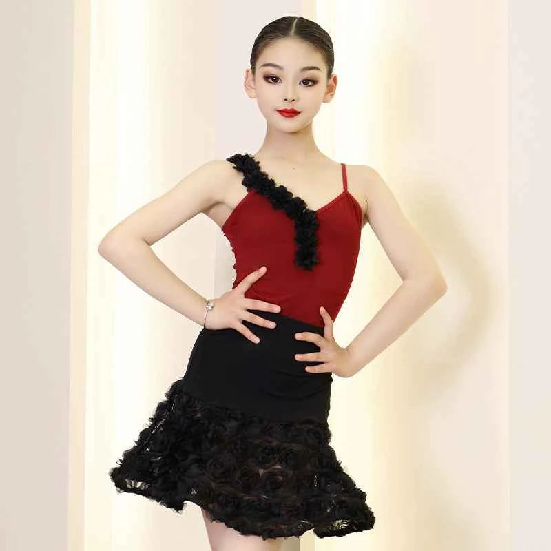 Black with Wine Rose Flowers Girls Latin Dance Dresses Kids Salsa Rumba Performance Costumes for Children