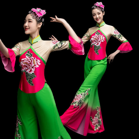 Chinese Folk Dance Costume Yangko costume performance dress classical dance costume female square fan suit for adults - Moderndancedress.com