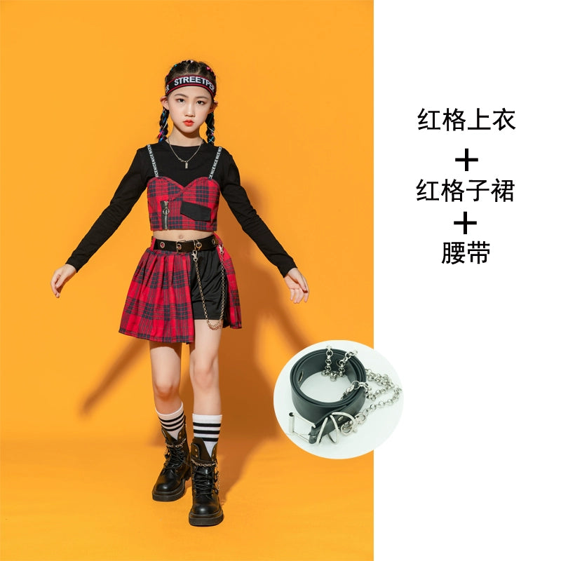 Girls Jazz Costume Hip Hop Street Dance outfits children gogo dancers British style plaid  Cheerleading Show clothes for kids - Moderndancedress.com