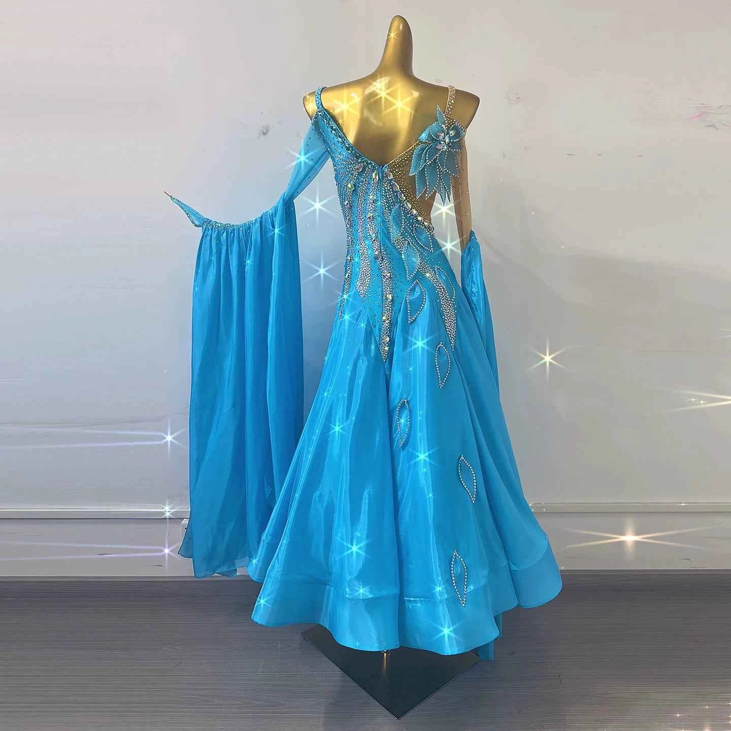 Custom Turquoise Competition Ballroom Dance Dress with 3d Petal Flowers Waltz Tango Smooth Dance Gown