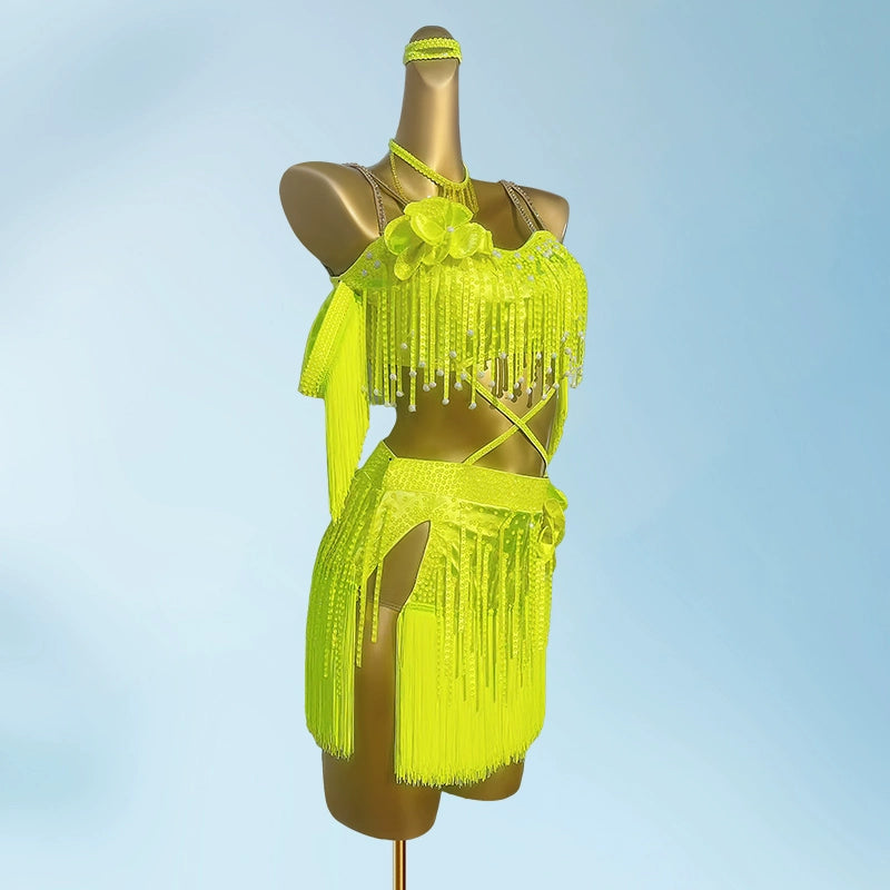 Custom Size Neon Yellow Bling Fringe Competition Latin Dance Dresses for Women Girls Kids Salsa Rumba Chacha Jive Dancing Costumes for Female