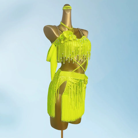 Custom Size Neon Yellow Bling Fringe Competition Latin Dance Dresses for Women Girls Kids Salsa Rumba Chacha Jive Dancing Costumes for Female