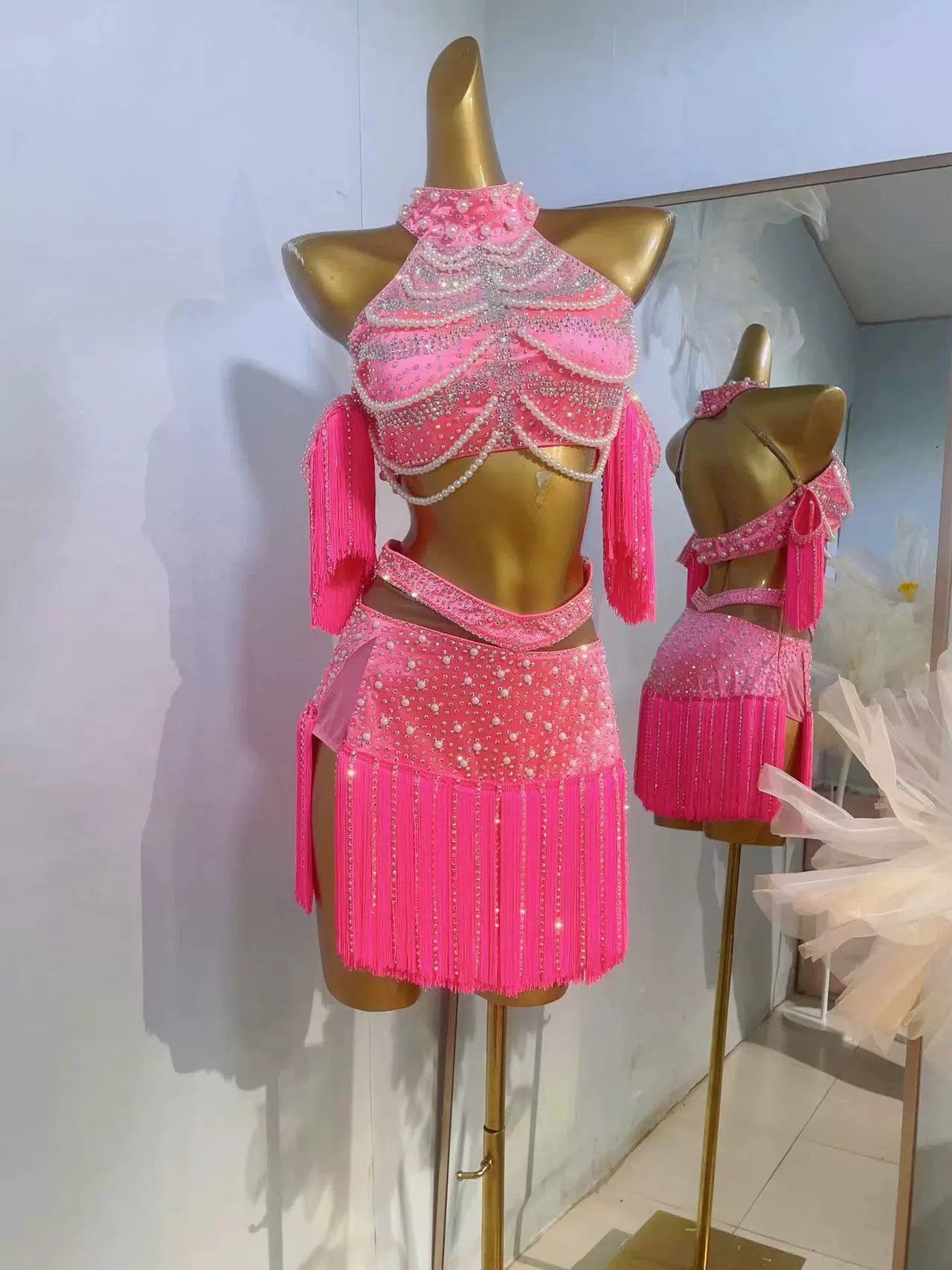 Custom Size Green Pink Latin Dance Competition Dresses for Women Girls Kids Salsa Chacha Dance Pearl Gold Fringed Skirts Party Performance Outfits - Moderndancedress.com