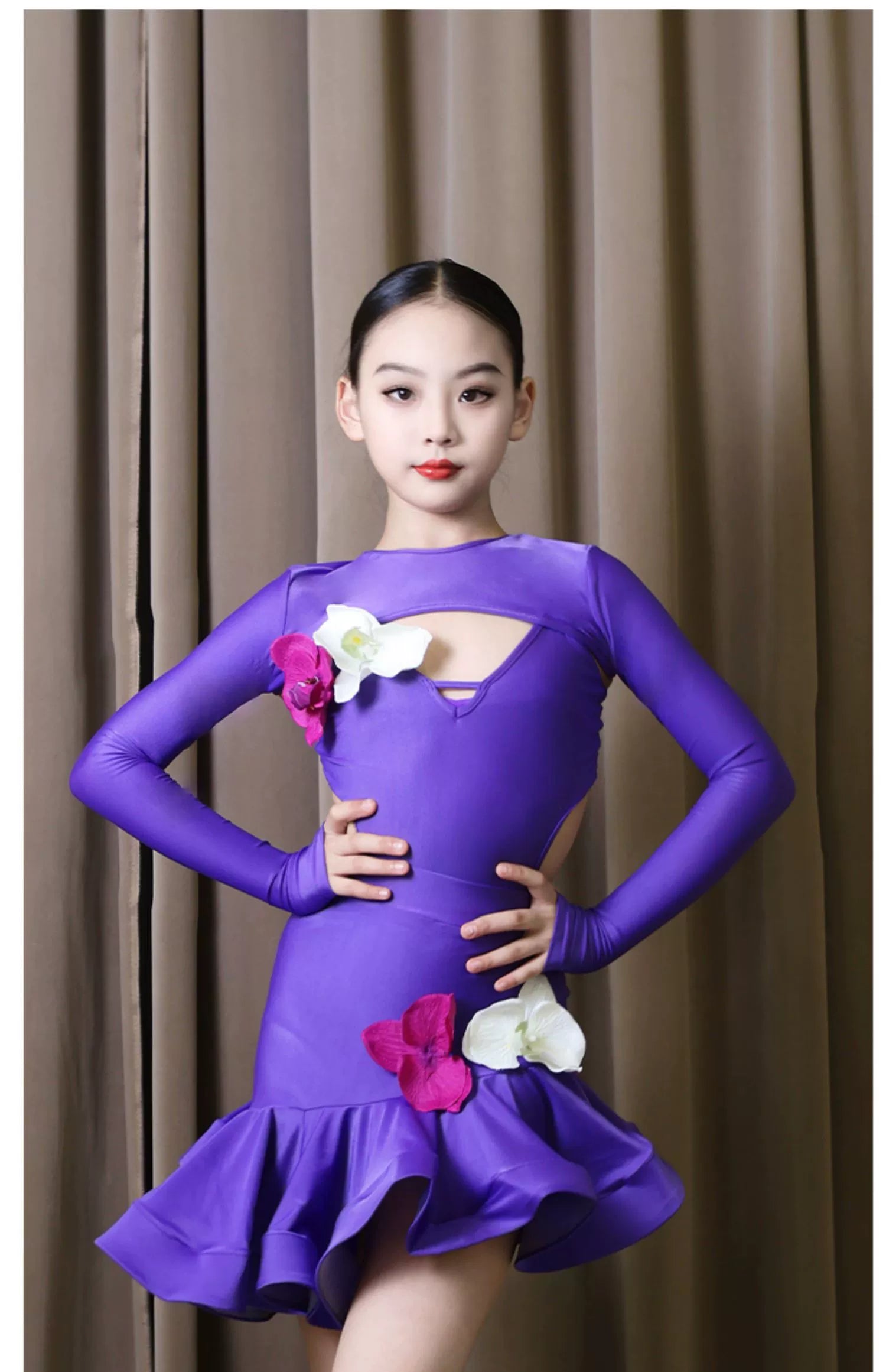 Purple Violet Latin Dance Dresses for Girls Children Orchid Flowers Salsa Rumba Cha Cha Practice Clothes Jive Dance Skirts - Moderndancedress.com