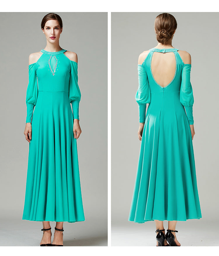 Mint Black Hollow Shoulder Ballroom Dance Dresses for Women Girls Waltz Tango Smooth Dance Long Gown - Moderndancedress.com
