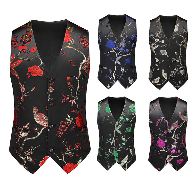 Men's jazz dance waistcoat Slim-fit large-size flower bird pattern choir singer host concert music production performance vest men - Moderndancedress.com