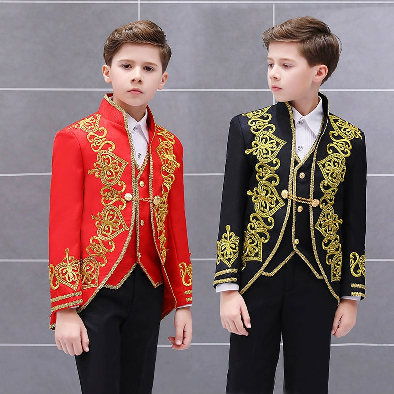 Boys Jazz Dance Costumes Children Golden Flower Loving Three-piece vest European Court Dress Prince Charming stage drama Costume - Moderndancedress.com