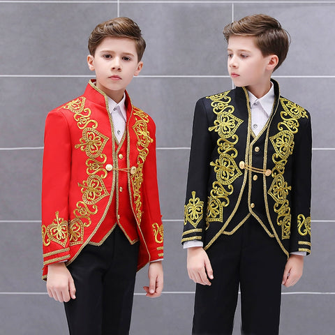 Boys Jazz Dance Costumes Children Golden Flower Loving Three-piece vest European Court Dress Prince Charming stage drama Costume - Moderndancedress.com