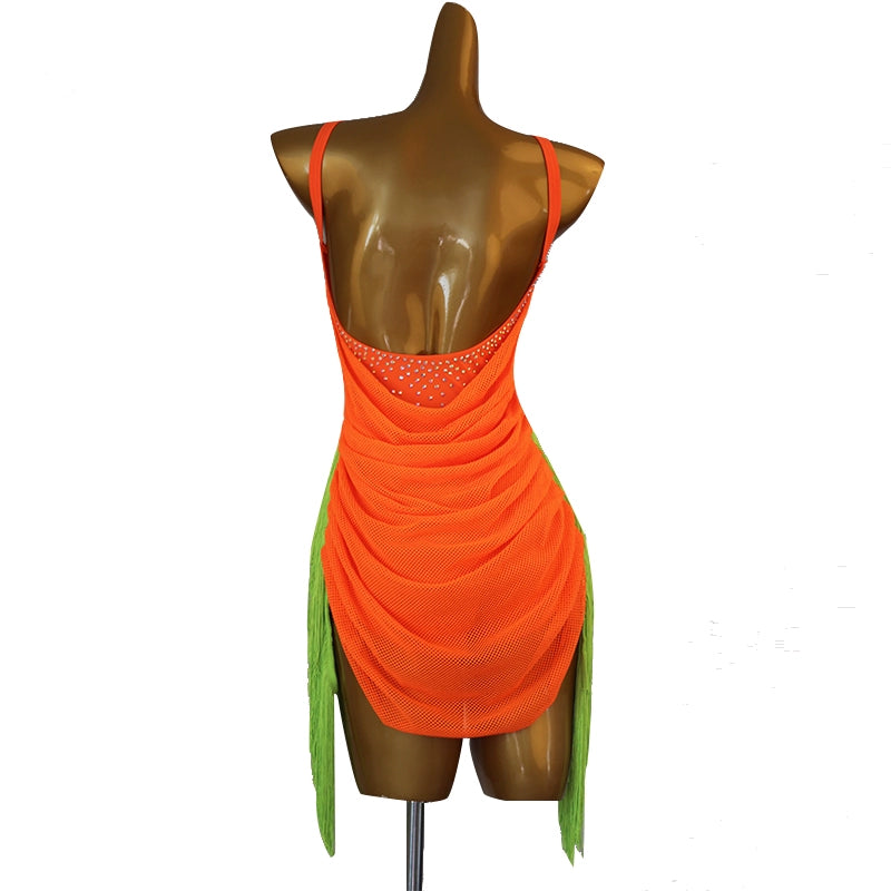 Orange green fringe competition Latin dance dress for women girls one-piece stones Latin dance performance costumes for female - Moderndancedress.com