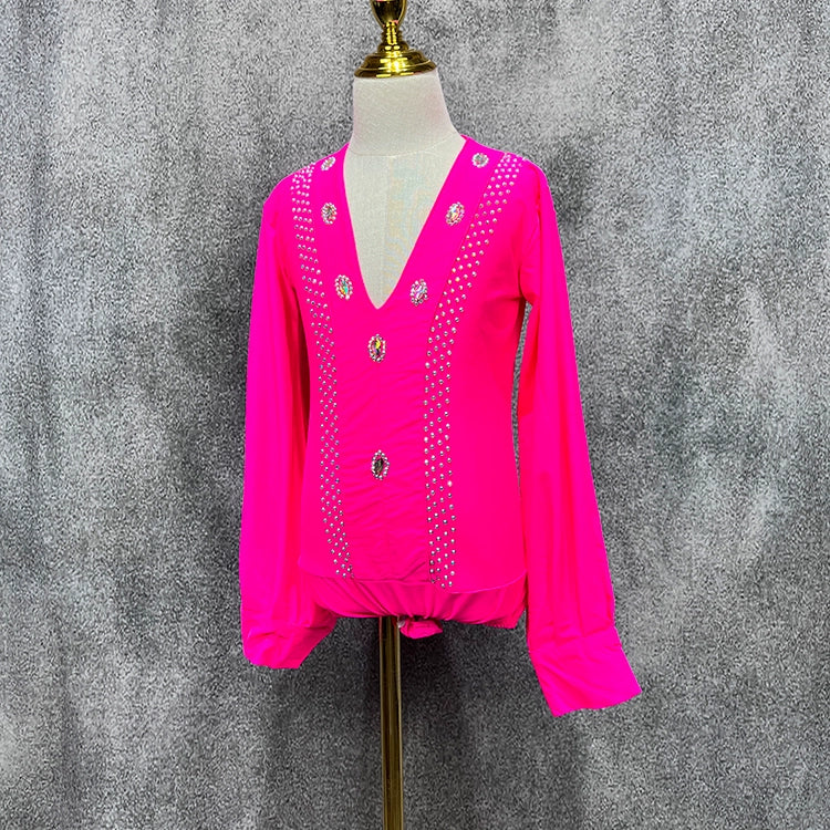 Custom size Boys hot pink competition ballroom Latin dance shirts modern stage performance latin ballroom dancing tops for kids - Moderndancedress.com