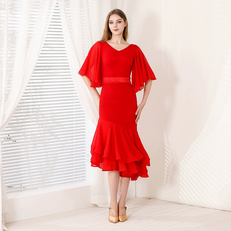 Long Latin Dance Dress for Women Red Modern Ruffles Sleeves Ballroom Dance Costume Waltz Tango Performance Clothes for Female - Moderndancedress.com