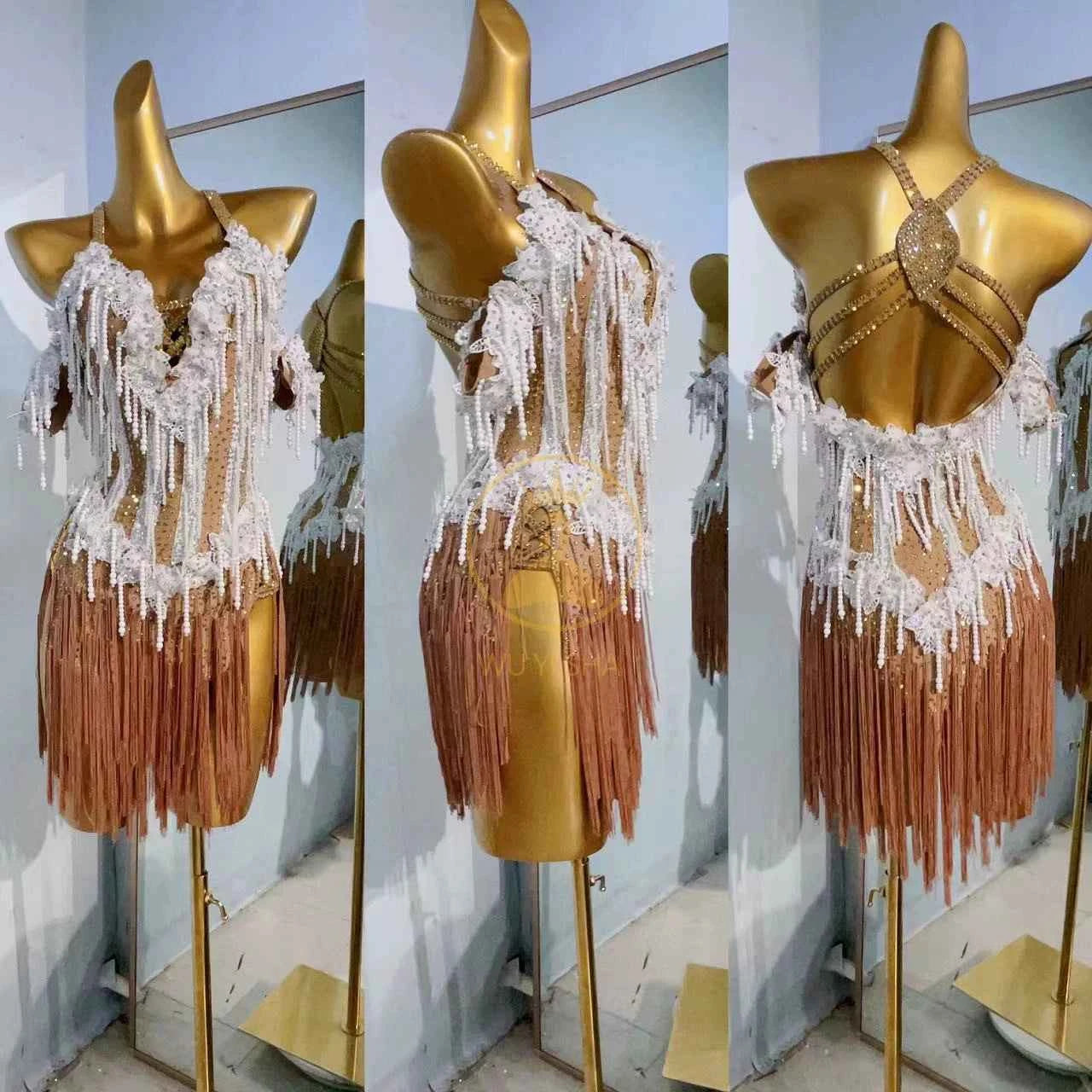 Custom Size Coffee White Fringe Competition Latin Dance Dresses for Women Girls Salsa Chacha Dance Costumes