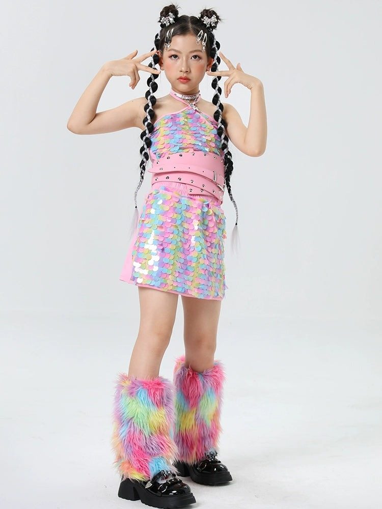 Rainbow Sequined Jazz Dance Costumes for Girls Kids Model Runway Catwalk Clothes Festival Party Dress Up Photos Shooting Outfits - Moderndancedress.com