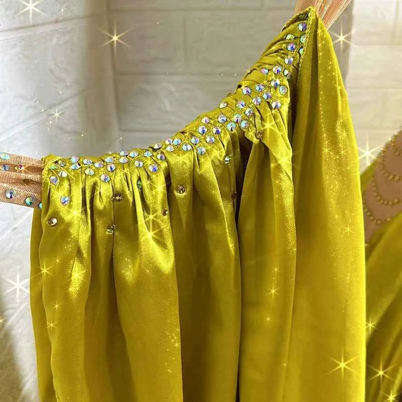 Custom Size Gold Competition Ballroom Dance Dresses for Women Girls Waltz Tango Performance Long Social Dance Gown