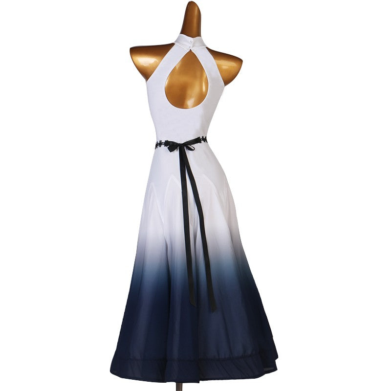 White navy gradient color ballroom dancing dress for women girls halter neck sleeves ballroom dance long skirts waltz tango dance dress - Moderndancedress.com