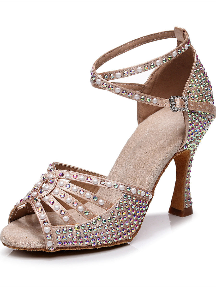 Women's Rhinestones Latin Dance Shoes Flesh white Cha Cha Salsa Tango High Heels Ballroom Dancing Shoes Soft-soled Sandals - Moderndancedress.com