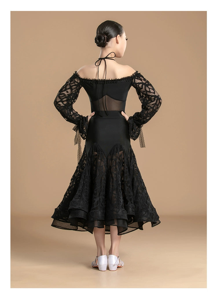 Black lace Latin ballroom dance dress for girls kids national standard waltz tango rhythm dance competition gown for kids - Moderndancedress.com