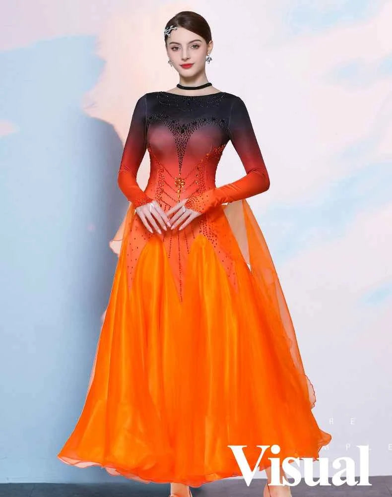 Orange Gradient Ballroom Dance Dresses for Women Girls Blue Violet Foxtrot Rhythm Waltz Tango Dancing Gown