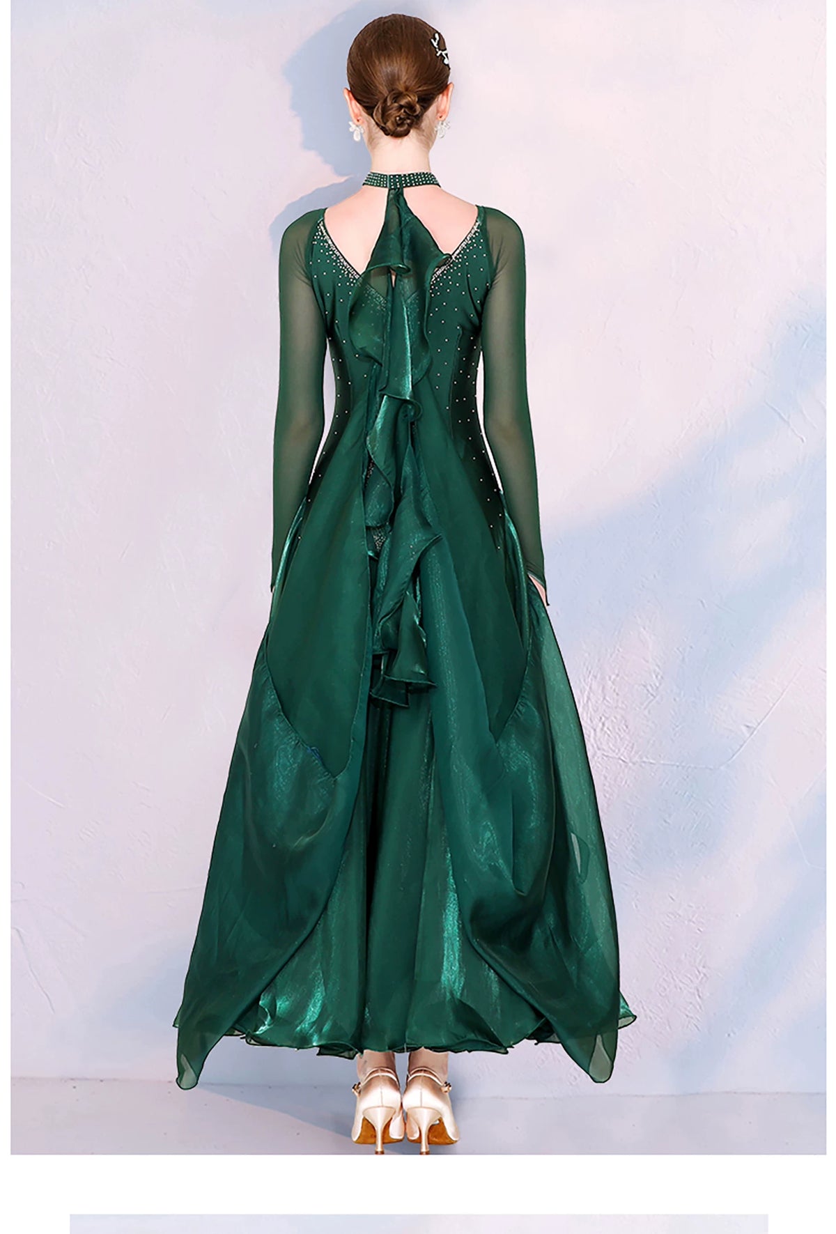 Women Dark Green Ballroom Dance Dress - Silver Rhinestone Waltz Foxtrot Gown