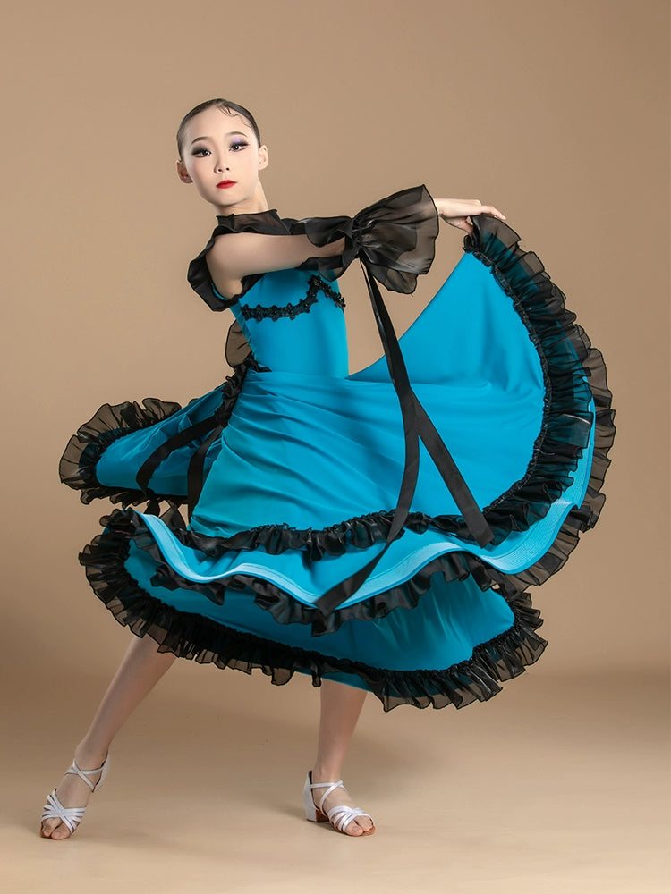 Blue modern ballroom dance dresses for kids girls national tango waltz dance professional competition uniform for Children - Moderndancedress.com