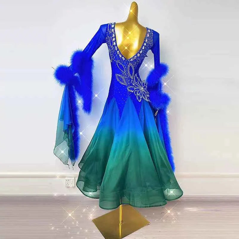 Customized Size Feather Competition Ballroom Dance Dresses for Women Girls Blue Dark Green Waltz Tango Foxtrot Dance Gown