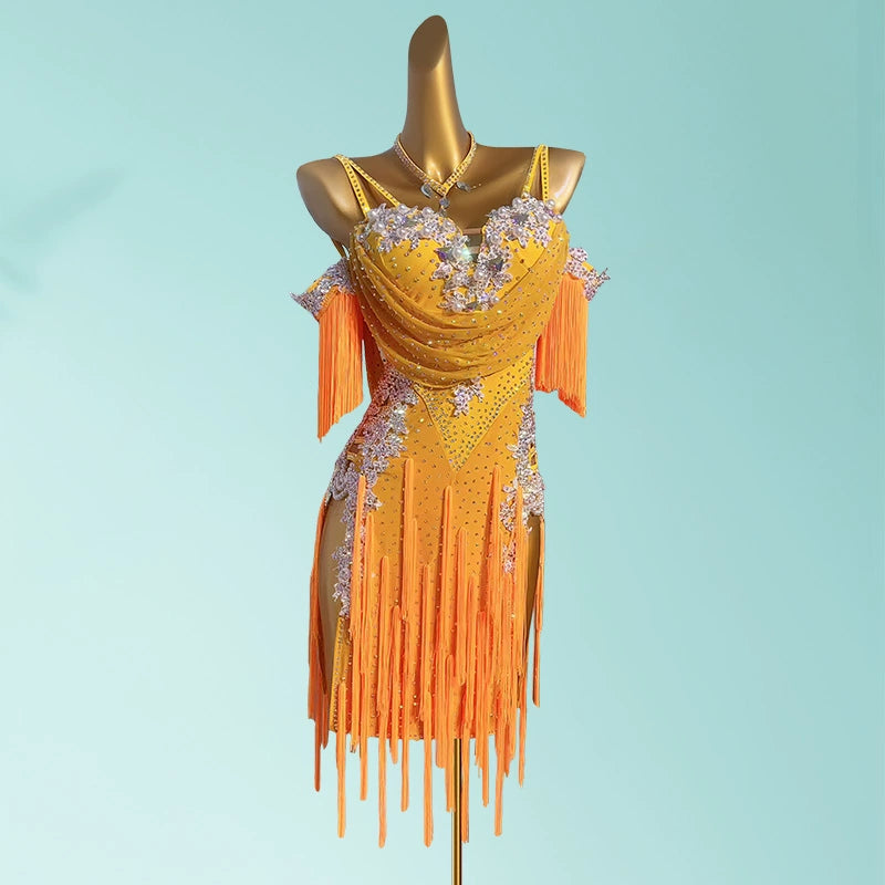 Custom size orange Latin Dance competition dresses for girls kids Adult Art Examination Blackpool salsa rumba chacha solo dance costumes - Moderndancedress.com