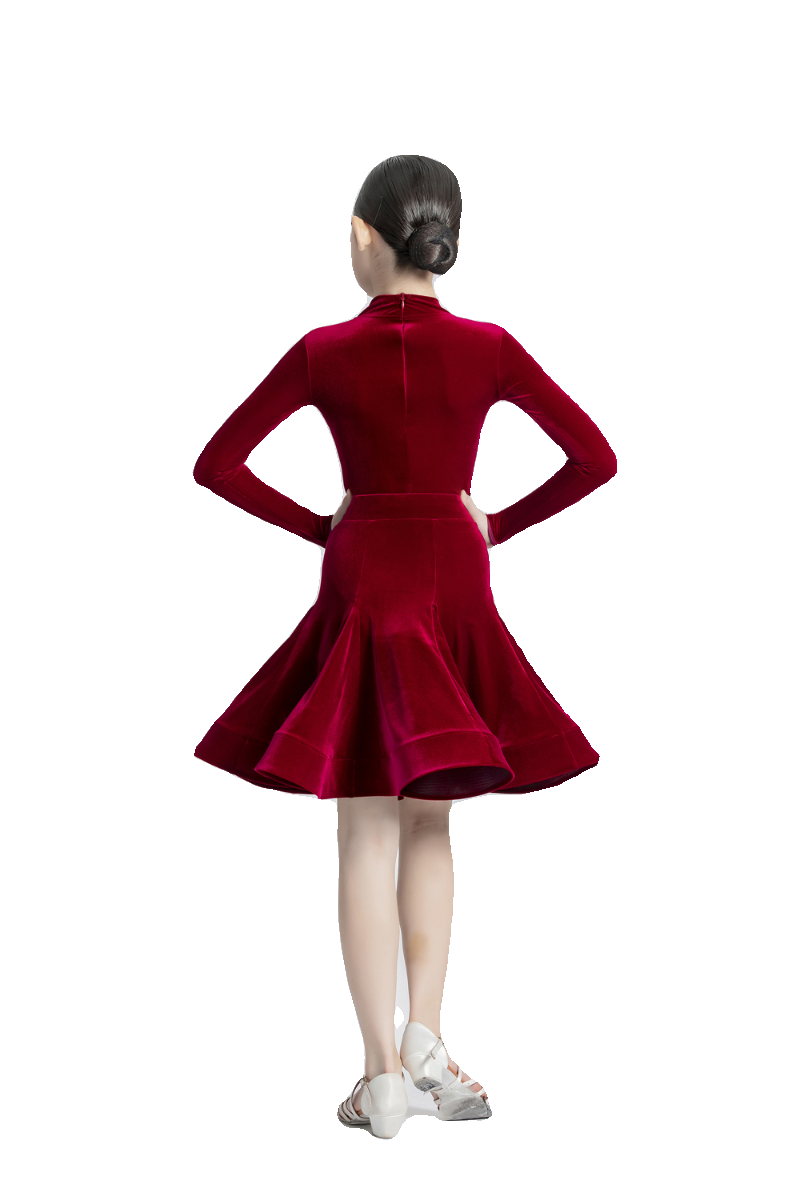 Wine Blue Yellow Latin Dance Competition Dresses for Children Girls Ballroom Salsa Chacha velvet Dance Clothes Party Performance Ball Gown - Moderndancedress.com