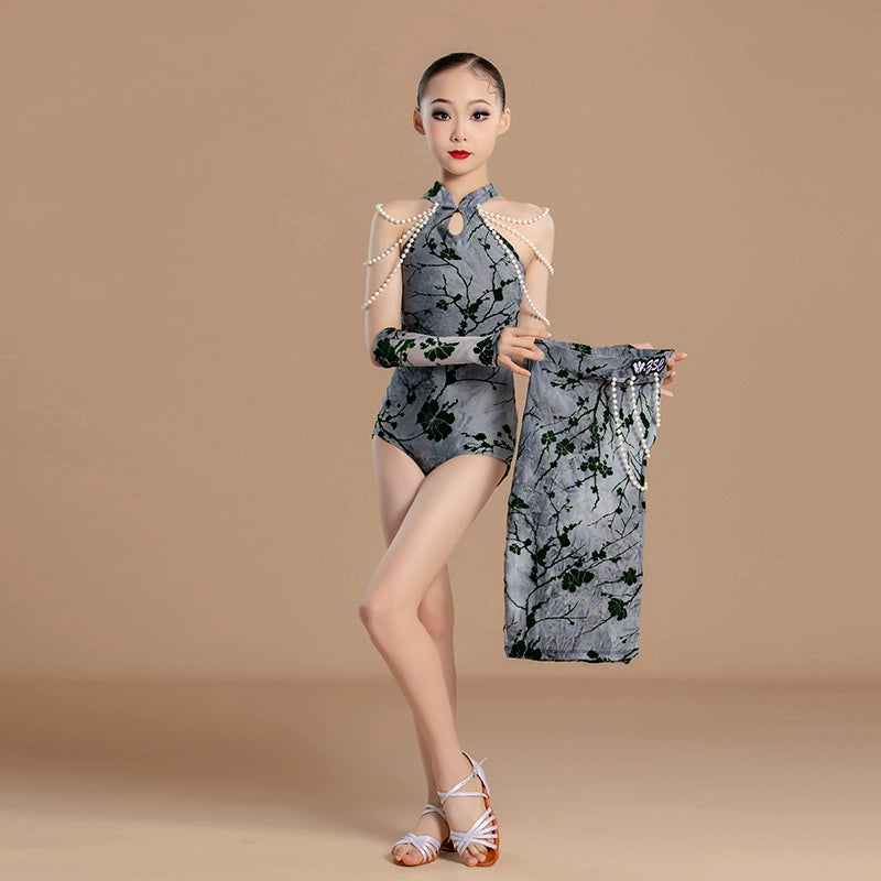 Latin Dance Dresses for Girls Kids Grey Flowers Lace Salsa Rumba Chacha Latin Regulations Pearl Chain Performance Art Test Skirt - Moderndancedress.com